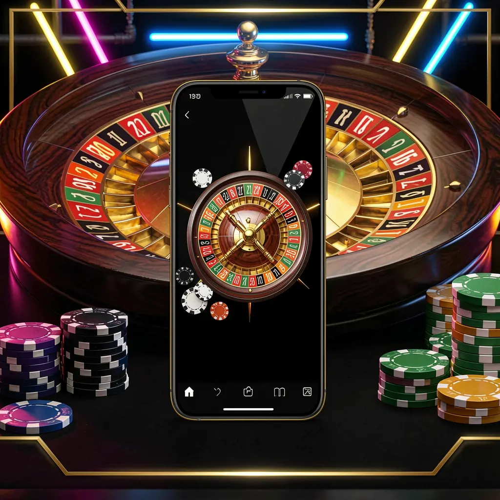 Adegan aplikasi kasino seluler yang menampilkan ponsel di tengah dengan roda rolet dan chip poker di latar belakang, diterangi lampu neon bercahaya dalam gaya premium hitam dan emas, menampilkan merek 6668K