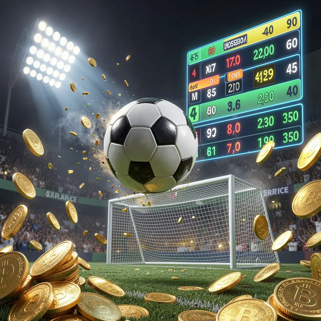 Adegan taruhan olahraga dinamis yang menampilkan bola sepak melayang menuju gawang di bawah lampu sorot stadion dengan antarmuka peluang bercahaya dan koin emas, menampilkan pengalaman taruhan pertandingan premium 6668K