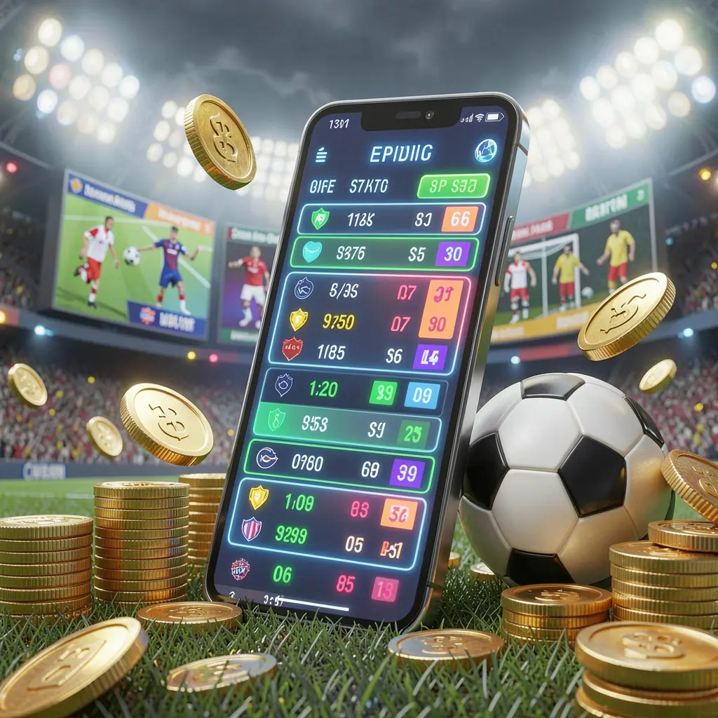 Adegan taruhan sepak bola modern yang menampilkan ponsel pintar dengan antarmuka peluang olahraga bercahaya, bola sepak, koin emas, dan lampu stadion, menampilkan merek 6668K dalam ilustrasi 3D premium
