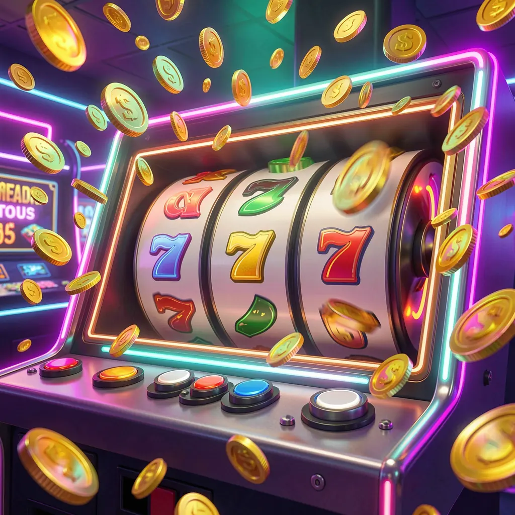 Gambar bonus kasino 6668K yang menarik dengan gulungan mesin slot berputar serta koin emas beterbangan di mana-mana di bawah lampu neon warna-warni dalam gaya ilustrasi 3D premium