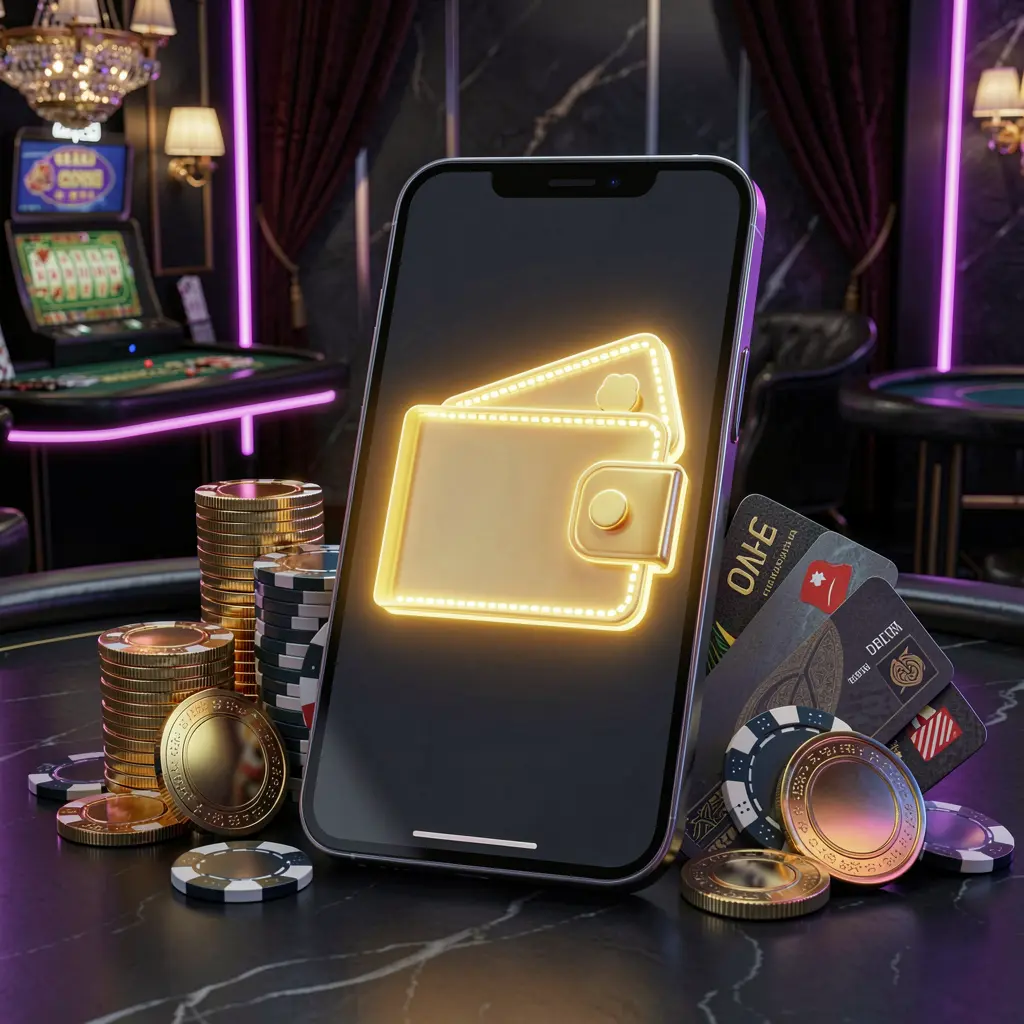 Konsep bonus deposit kasino online 6668K dengan layar ponsel pintar yang menampilkan ikon dompet bercahaya, dikelilingi tumpukan koin emas, chip poker, dan kartu bank pada latar belakang mewah gelap dengan sorotan neon