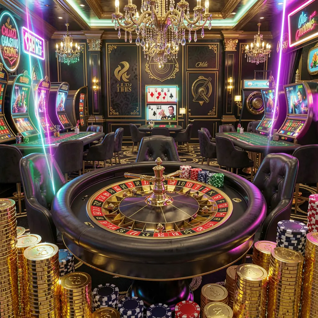 Aula kasino mewah dengan meja rolet, chip poker, dan koin emas yang diterangi lampu neon bercahaya dalam suasana premium hitam dan emas, menampilkan kasino online 6668K