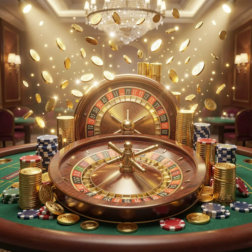 Render 3D realistis adegan jackpot kasino yang menampilkan koin emas, chip poker, dan roda rolet dengan cahaya terang bercahaya, menampilkan suasana perayaan mewah dengan merek 6668K
