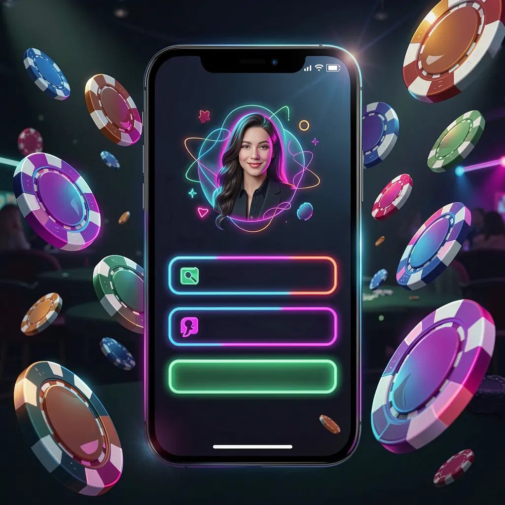 Layar masuk kasino seluler pada ponsel dengan kolom profil pengguna dan kata sandi yang ditampilkan sebagai bentuk antarmuka pengguna abstrak, efek cahaya neon, chip dan koin beterbangan di sekeliling dalam suasana kasino premium gelap, menampilkan merek 6668K
