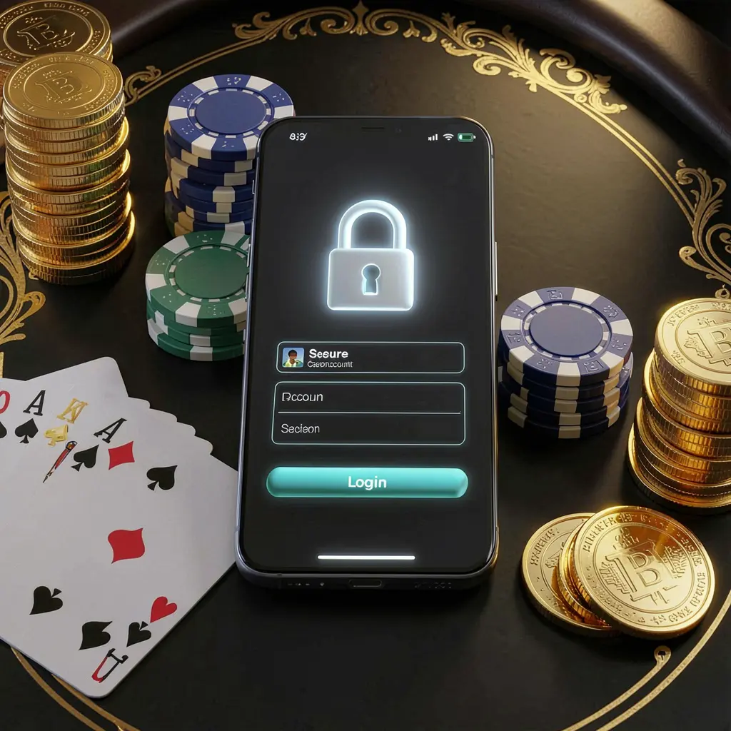 Konsep masuk akun kasino aman dengan ikon gembok bercahaya pada layar ponsel pintar yang dikelilingi chip poker, kartu remi, dan koin emas pada latar belakang hitam dan emas elegan yang menampilkan merek 6668K