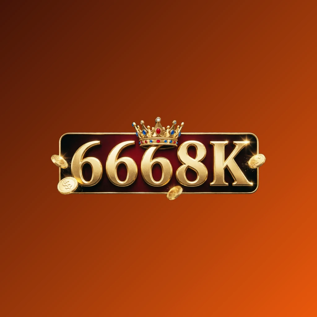 Logo bergaya kasino untuk 6668K dengan huruf emas, elemen mahkota, dan koin berkilau, berlatar suasana permainan mewah pada latar belakang transparan, dirancang sebagai logo tanda kata horizontal lebar untuk header situs web