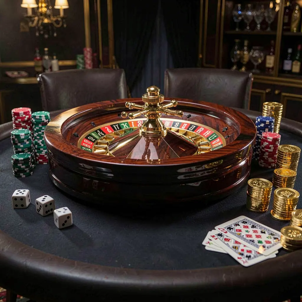 Adegan beranda kasino premium yang menampilkan roda rolet berputar di atas meja mengilap dengan chip poker, dadu, kartu, dan koin emas, berlatar belakang gelap elegan dengan pencahayaan sinematik, menampilkan merek 6668K.